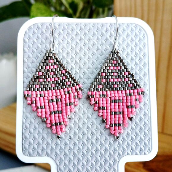 Boho Chic Beaded Fringe Dangle Earrings, Pink & Grey Seed Bead Jewelry, 2" - Picture 6 of 6